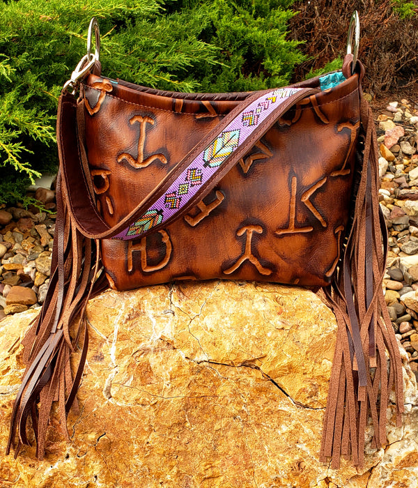 Turquoise and Purple Feather Handbeaded Branded Elegance Shoulder Bag