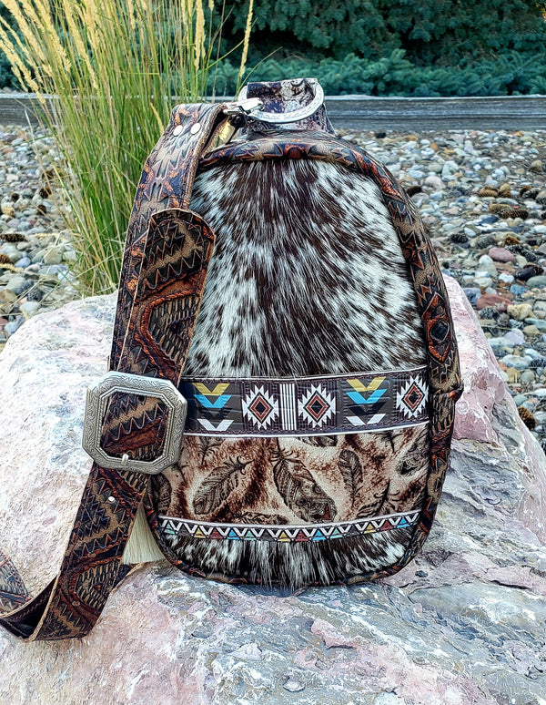 Speckled Cowhide Aztec Feather Sling Bag