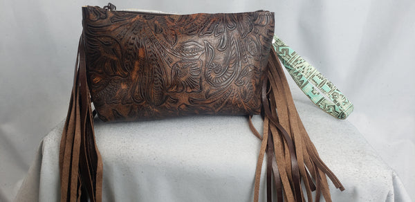 Turquoise Aztec and Cowhide Wristlet Clutch