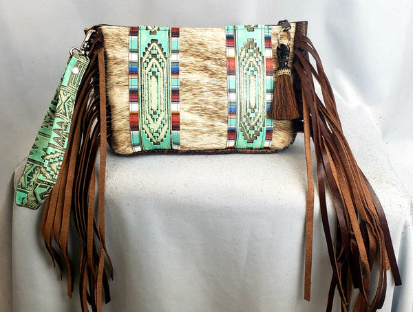 Turquoise Aztec and Cowhide Wristlet Clutch